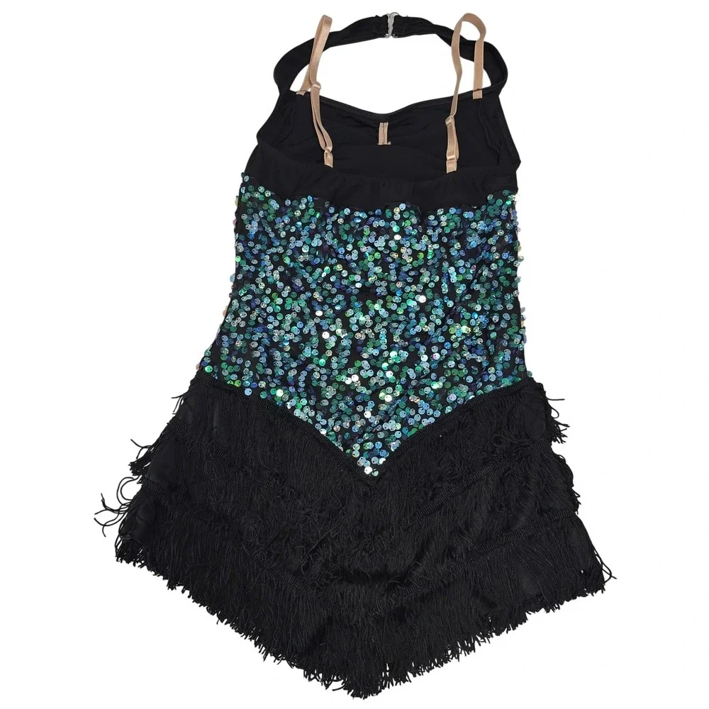 Weismann‎ Girls Sequin Fringe Dance Costume Leotard Teal Blue Black Jazz Small